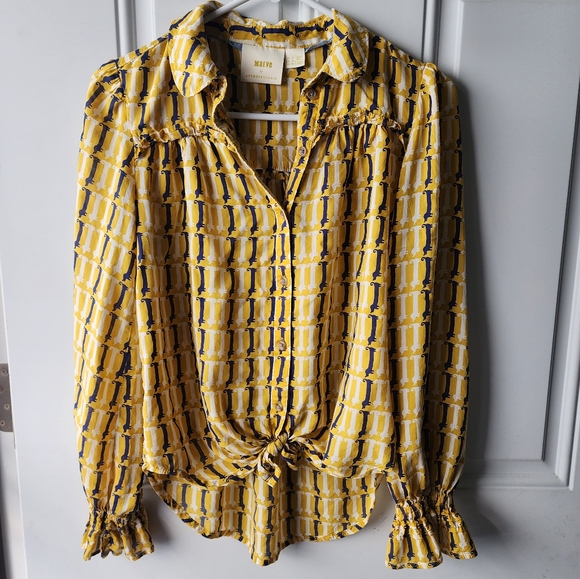 Anthropologie Maeve Dachsund Dog Print Buttondown Blouse Size 0  Weiner Dog - Picture 3 of 8